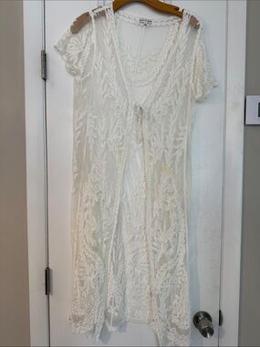 Woven Heart White Sheer Lace Swim Coverup